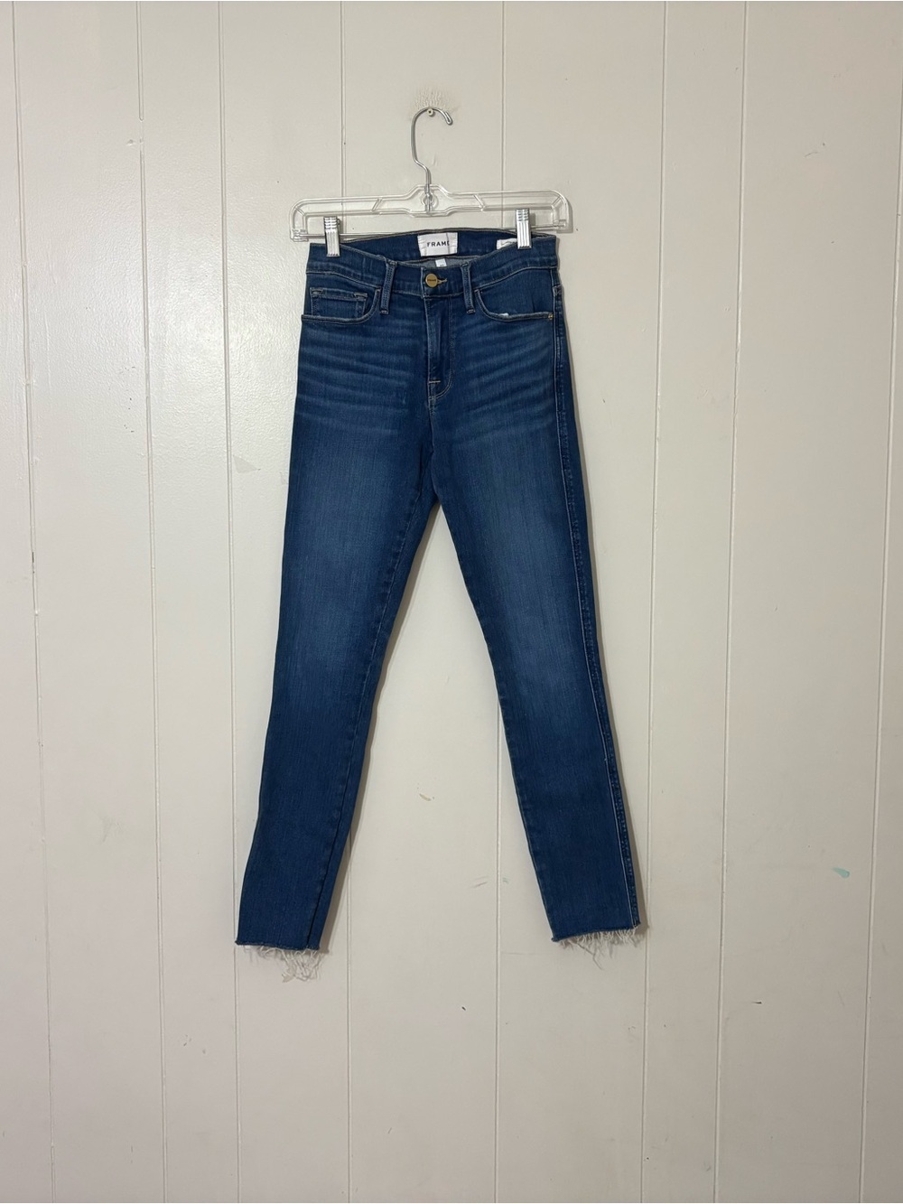 FRAME Le Skinny De Jeanne Crop Jeans 27 Decades Blue Raw Hem Stretch Denim